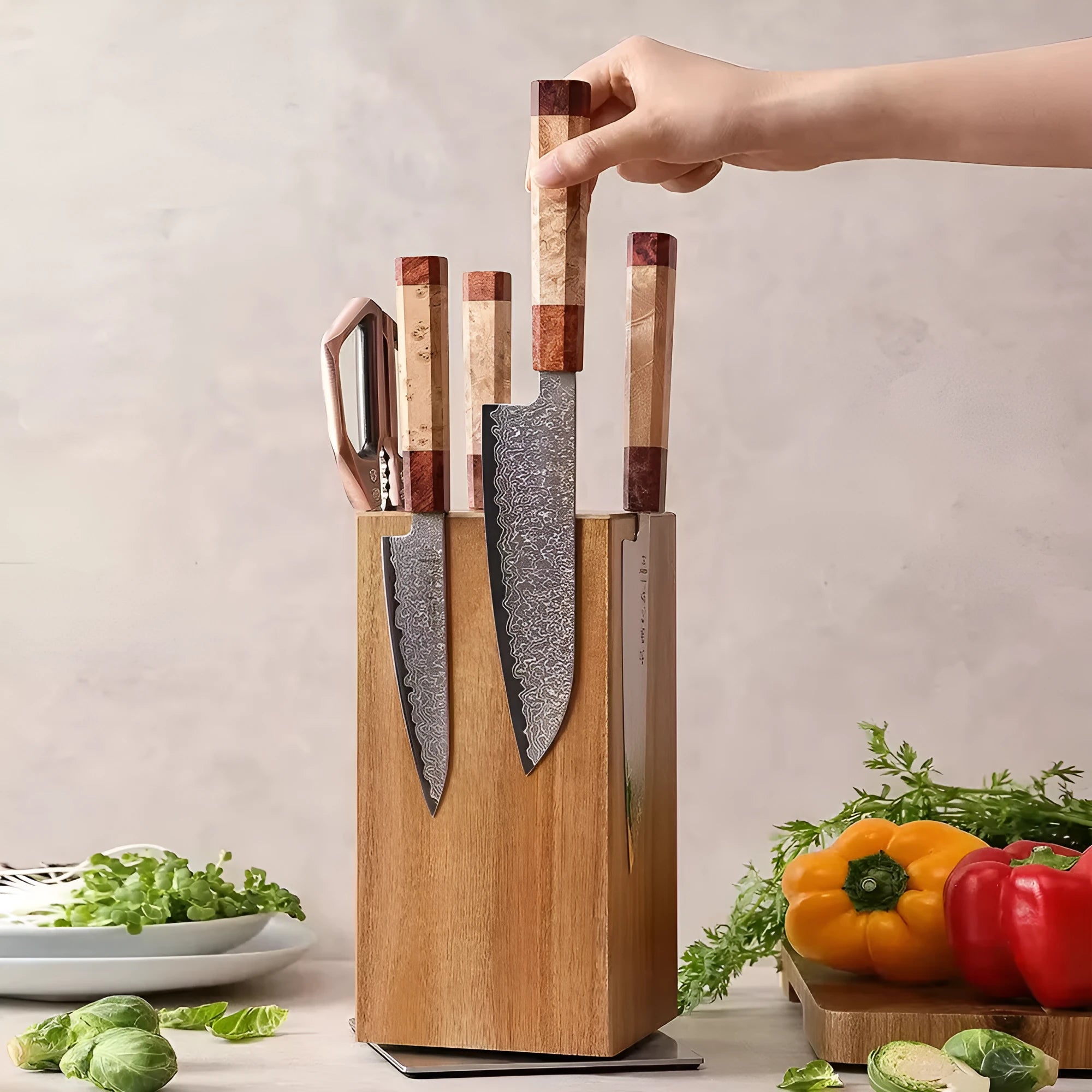 Xiangsi Wood Rotating Knife Holder in brown acacia wood with four strong magnetic sides on a kitchen countertop