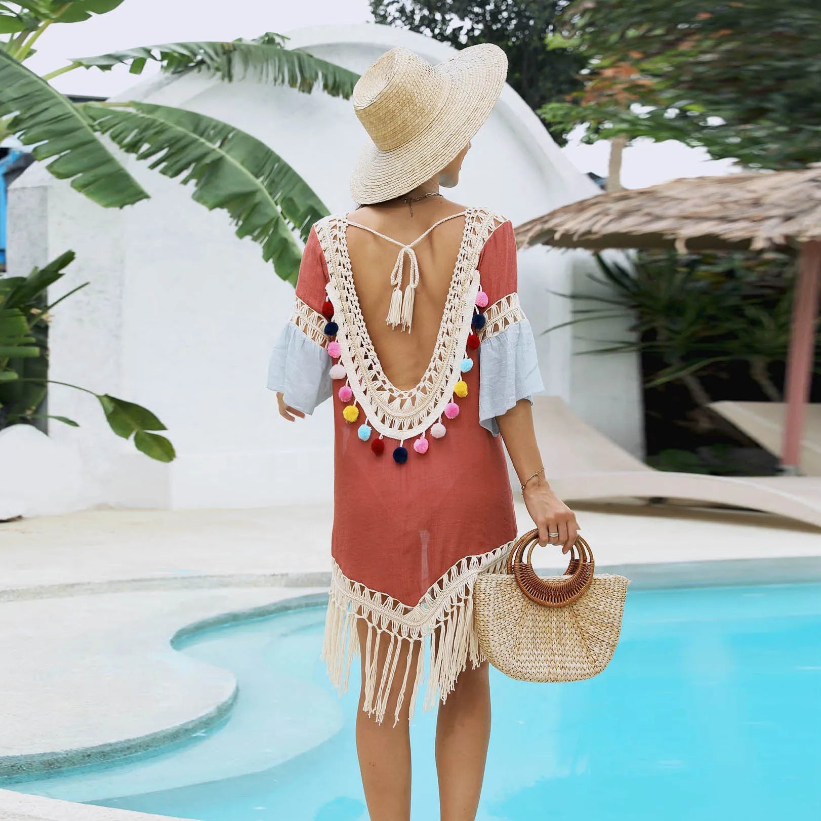 Orange floral beach overskirt with hand crochet stitching and tassel detailing