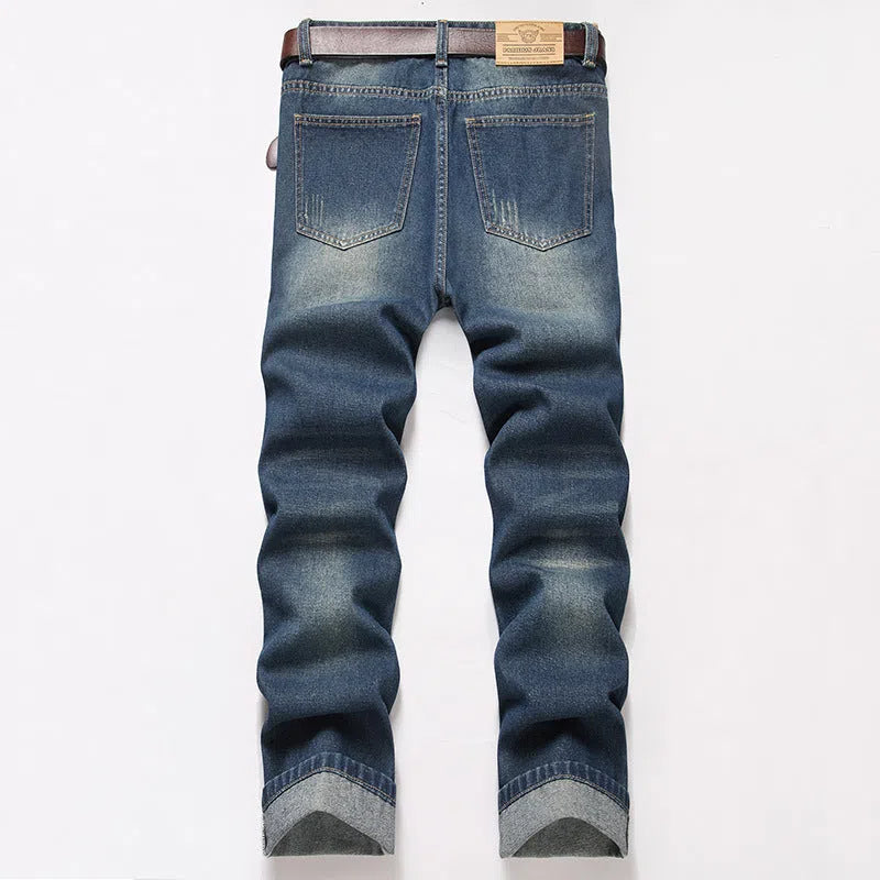 Men's straight wrinkle-resistant loose casual cotton jeans in blue colour, mid waist zip fly