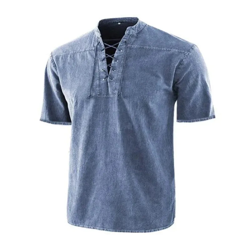 Men's retro short-sleeve shirt with tie collar lace-up detail in solid colour, loose fit, available in multiple colours and sizes.