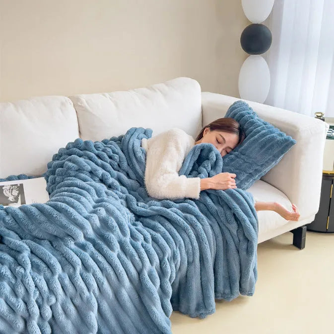 Solid colour bubble faux rabbit fur double-sided thickening blanket shown in a khaki colour