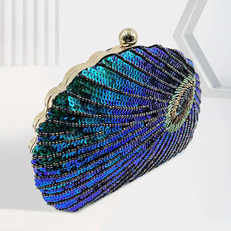 Women's vintage beaded one-shoulder crossbody chain handbag in blue with silk surface and hard structure