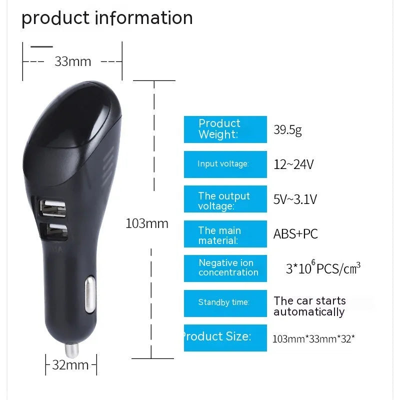 White car USB charger with built-in negative ion air purifier showing compact dimensions