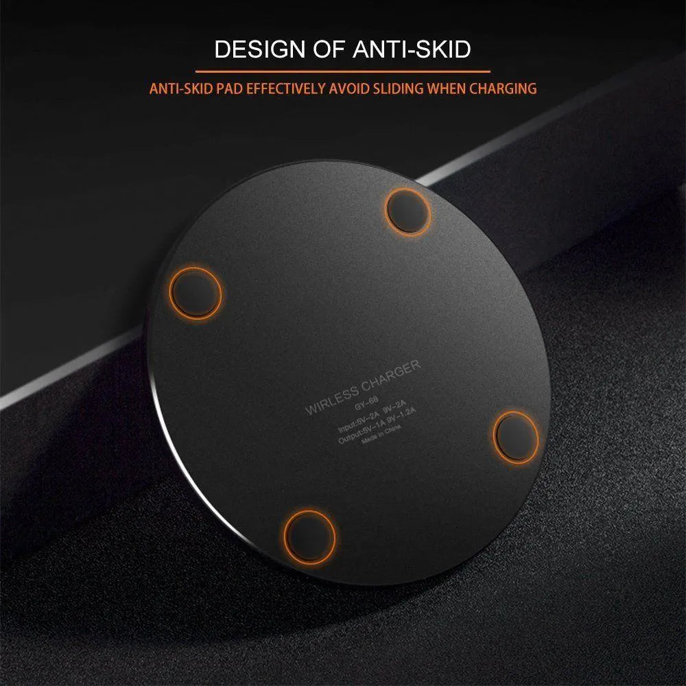 Ultra-thin black wireless charging pad with compact square design showing 9V fast charging capability