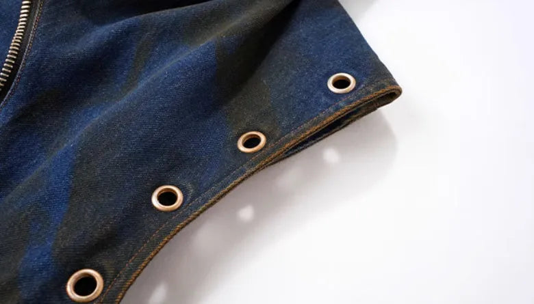 Blue hooded denim-style vest and matching trousers set with front zipper in Korean heavy industry deconstructs style.