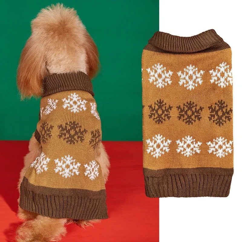 Grey acrylic dog Christmas sweater with snowflake pattern on a small breed pet