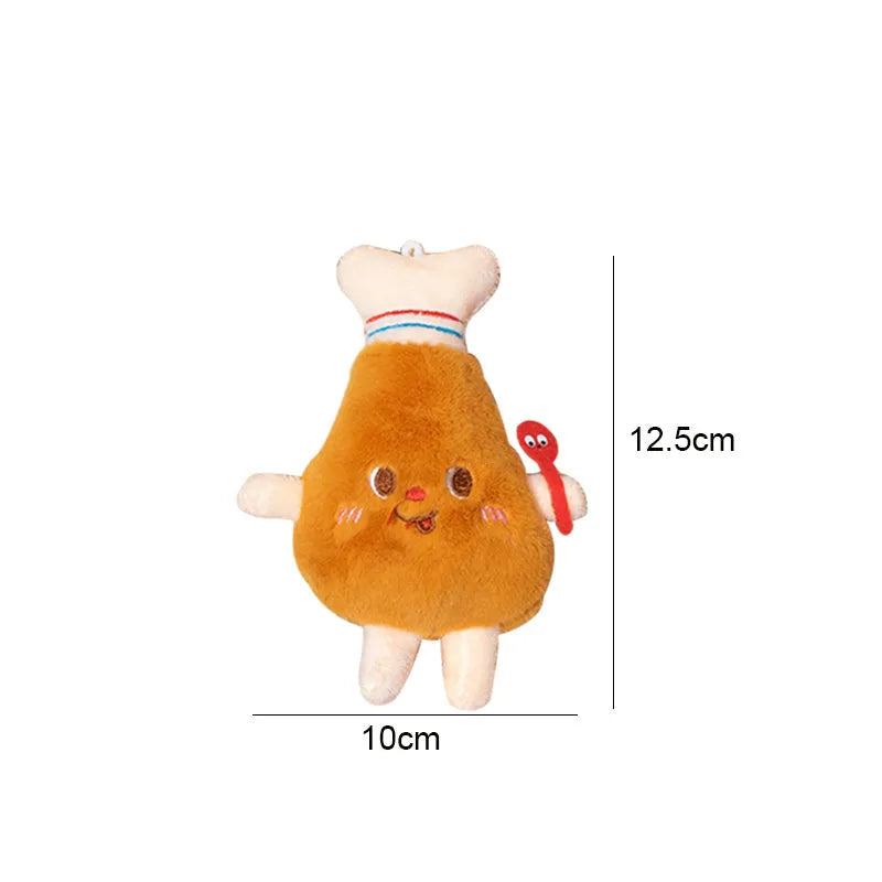 Set of five plush cat chew toys shaped like a hamburger, chicken leg, fries, bread, and hot dog.