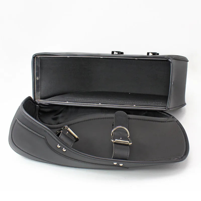 Retro style PU leather motorcycle saddlebag side box in black, dimensions 42cm x 15cm x 30cm