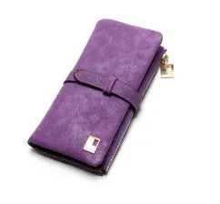 Korean retro long wallet in PU leather showing vertical design, zip closure, and open view of internal compartments.