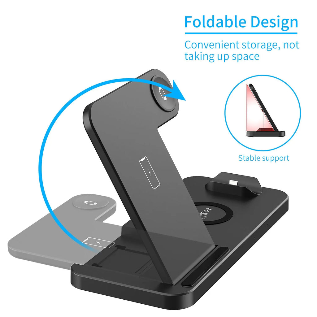 Fdgao 15W 4 In 1 desktop wireless charger in black with dual coils, charging a phone, Apple Watch, and Airpods