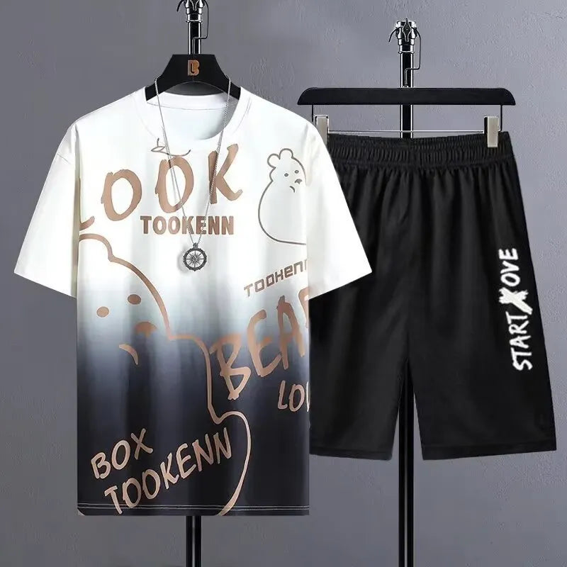 Men's light blue short sleeve t-shirt and matching shorts set for summer casual wear.
