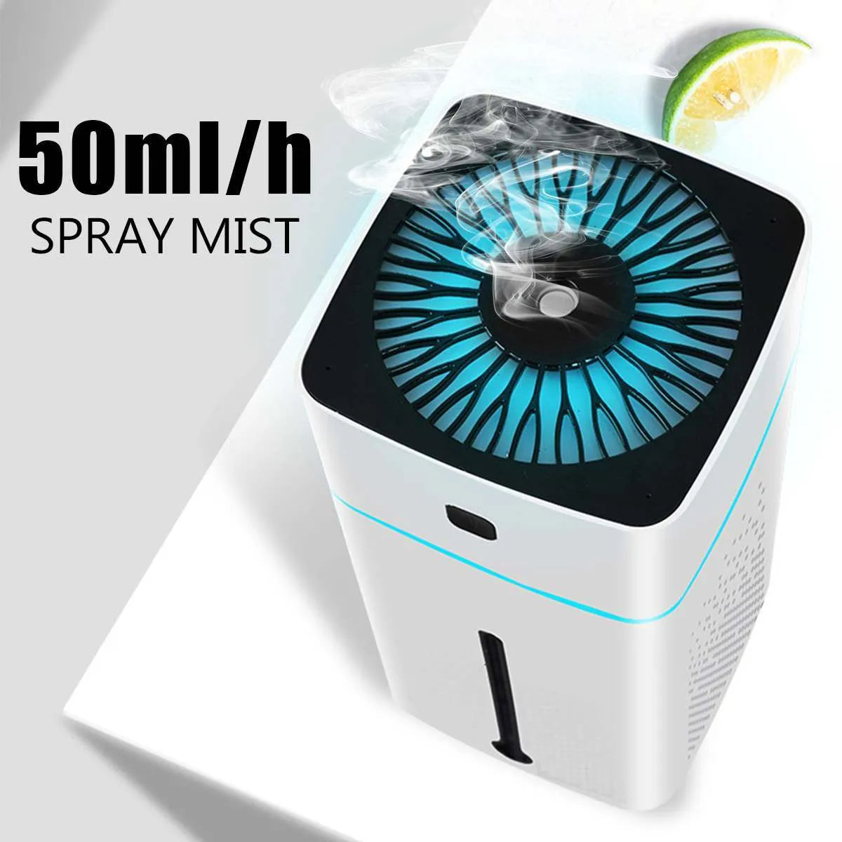 Black and white desktop humidifier with USB port and 1000ml water capacity for home office use