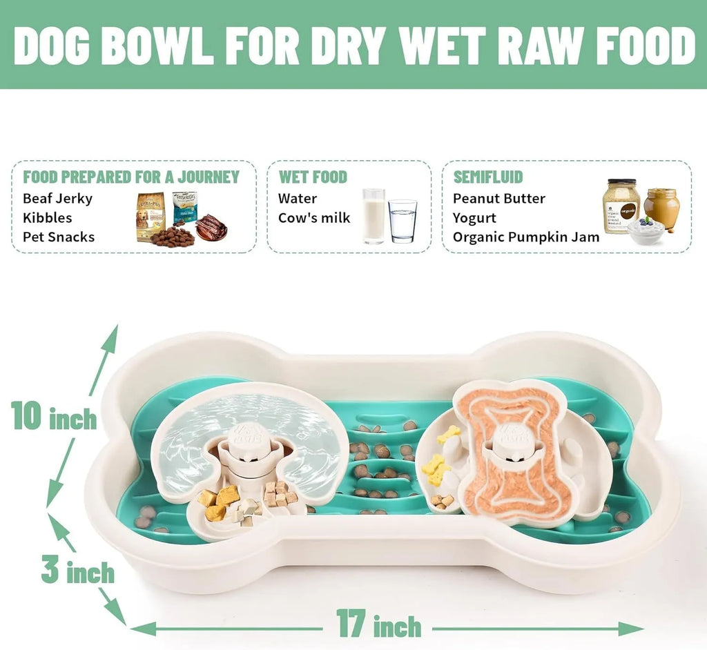 Large green dog slow feeder bowl with three rotating trays showing wave and groove patterns
