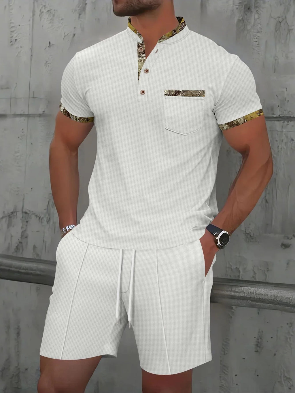 Men's grey summer suit with polo collar short sleeve jacket and matching shorts on hanger