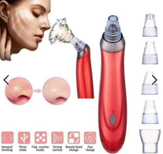 Handheld electric blackhead extractor tool with multiple nozzle tips in black colour