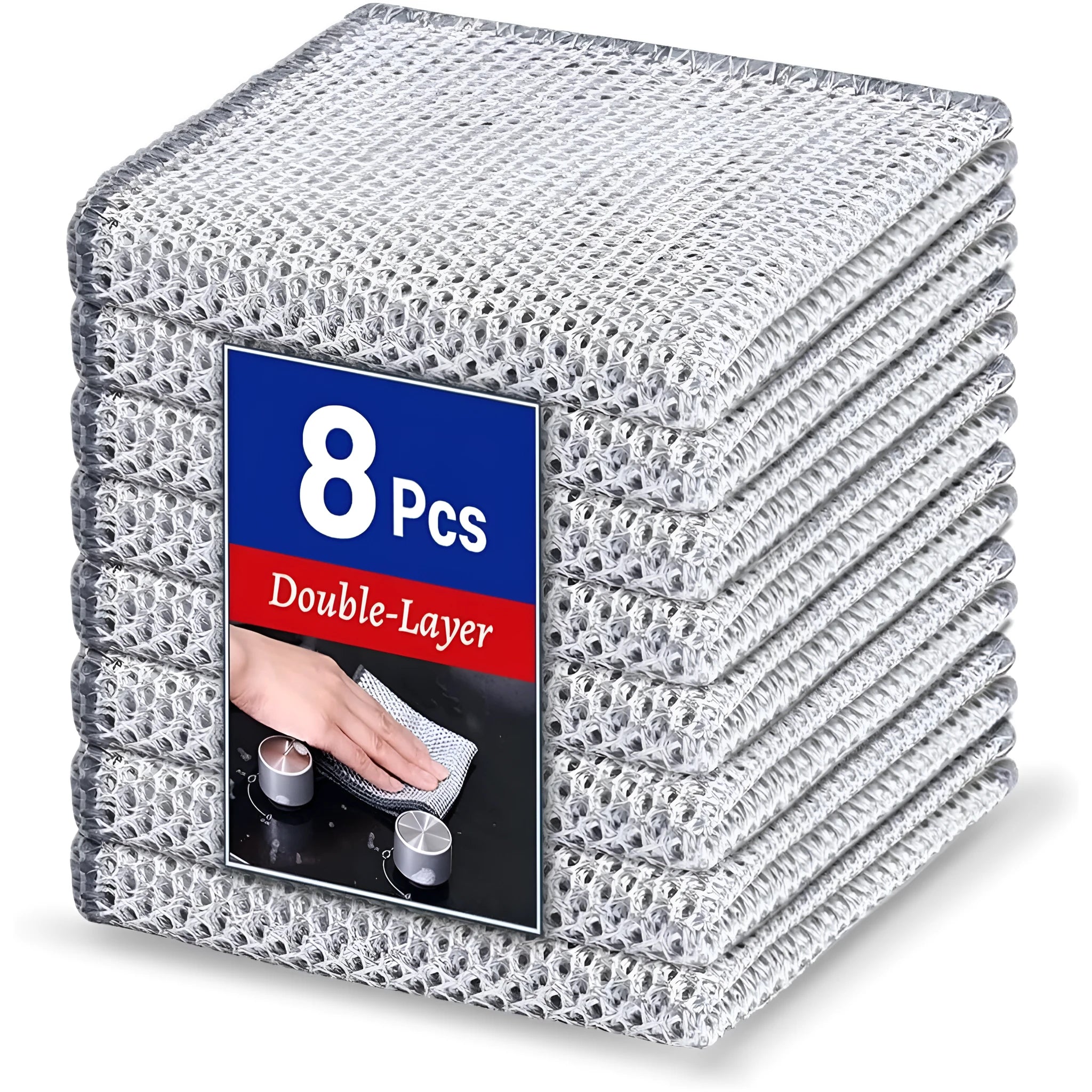 Silver steel wire and microfiber double-sided cleaning rag for scrubbing pots and wiping bowls.