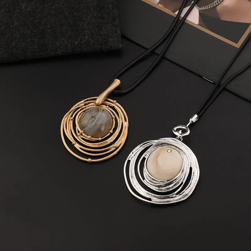 Women's geometric plaid pattern sweater chain necklace with adjustable snakeskin wax rope chain