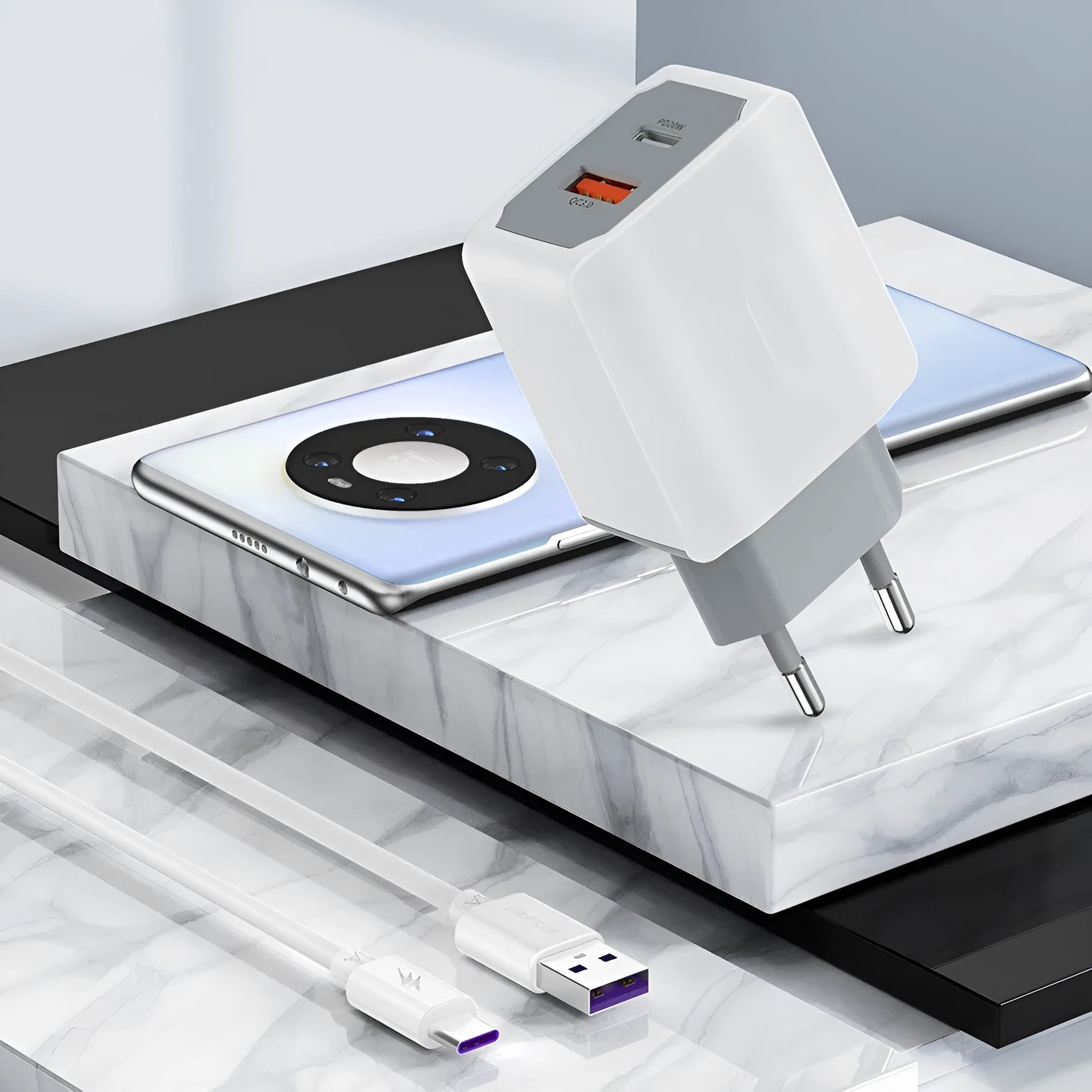 White phone fast charge charger set with UK plug and USB cable