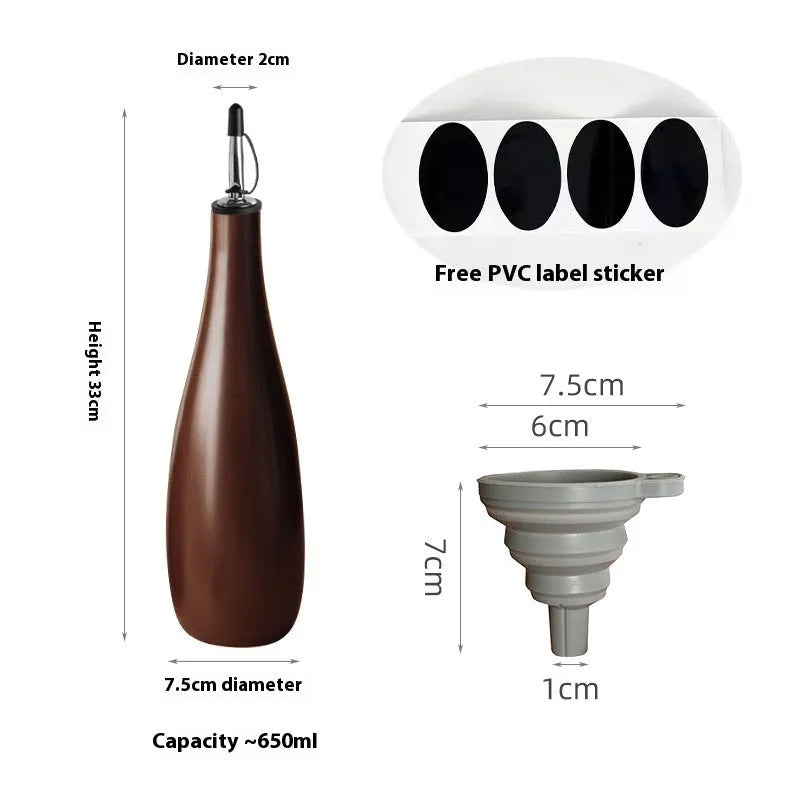 Ceramic oil pot with stainless steel funnel in black, coffee brown, or white finish.