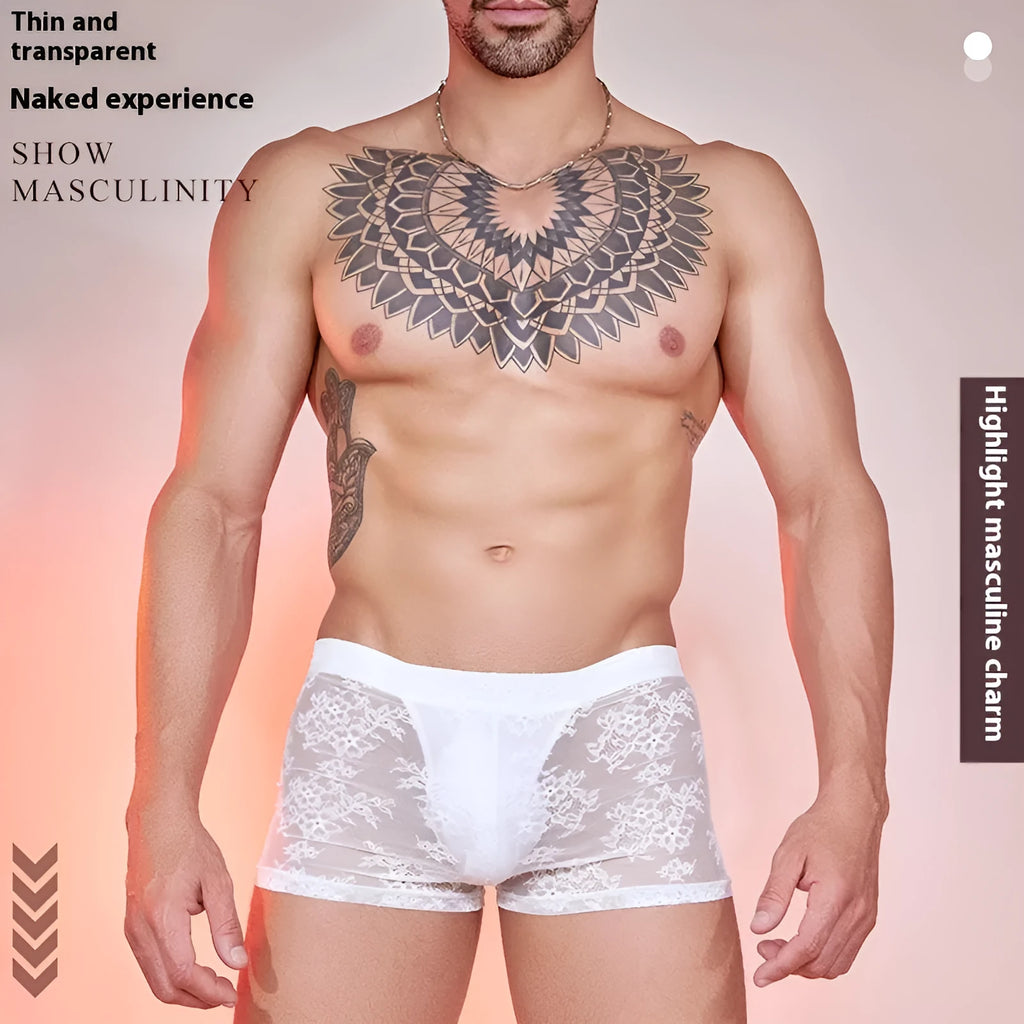 Nylon men's boxers with lace detailing in black, red, and white colour options.