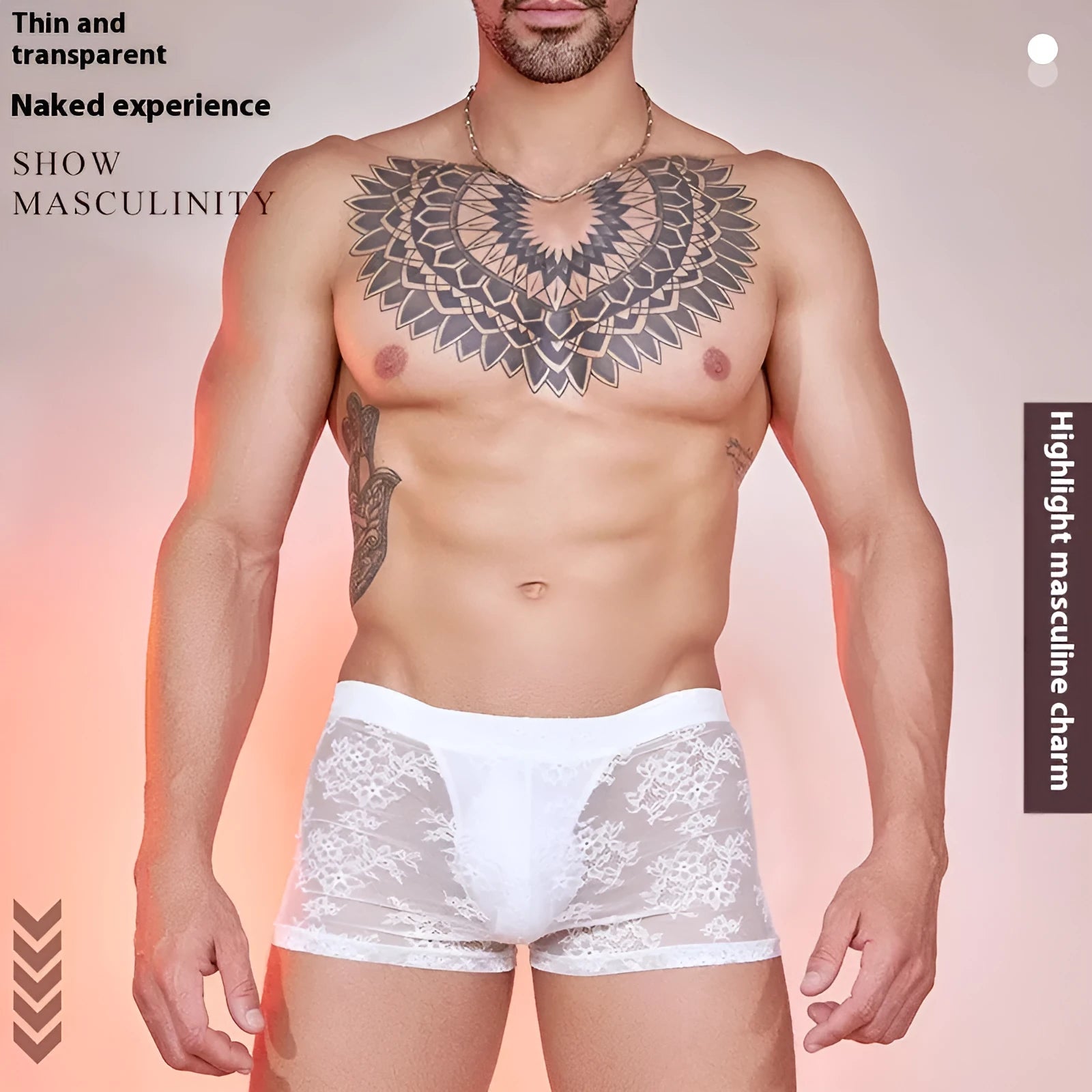 Nylon men's boxers with lace detailing in black, red, and white colour options.