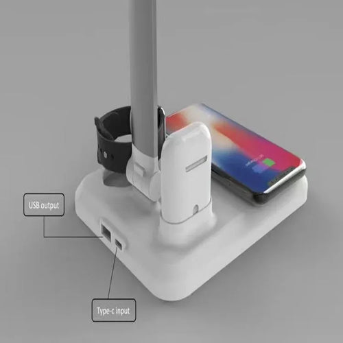 Black and white 4-in-1 LED desk lamp with wireless charging pad and USB Type-C port