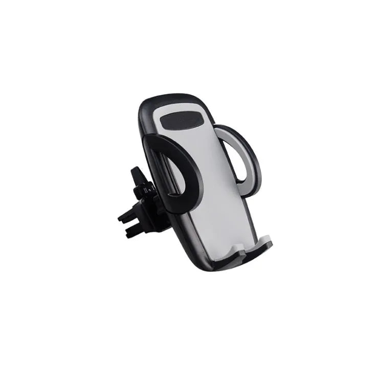 Black plastic car air vent phone holder mounted on car dashboard with mobile phone securely in cradle