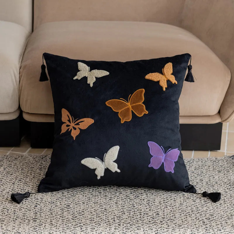 Square beige cushion with black and purple Chinese butterfly embroidery