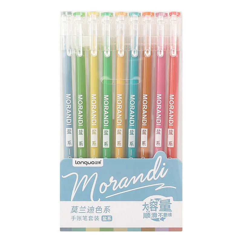 Retro hand account gel pen set showing nine colour pens with 0.5mm needle tips and plastic construction