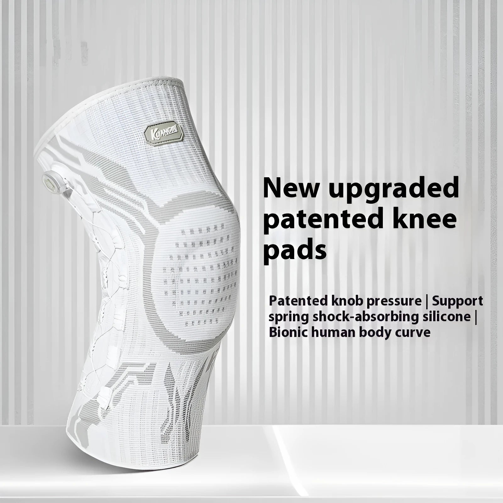Grey and white sports knee pads for adults, showing left and right pads in size L.
