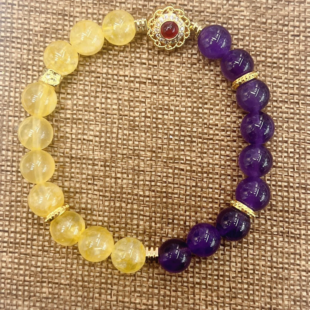 Handmade amethyst crystal bracelet with yellow and purple beads for women