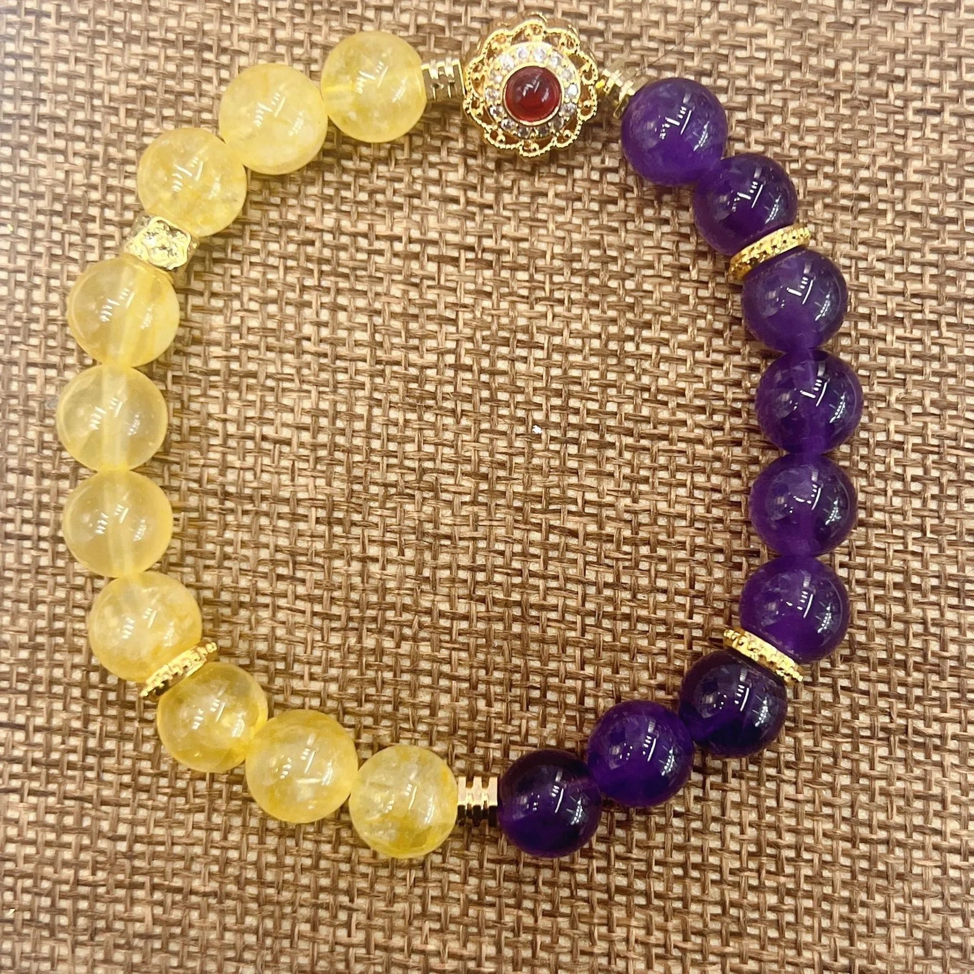 Handmade amethyst crystal bracelet with yellow and purple beads for women