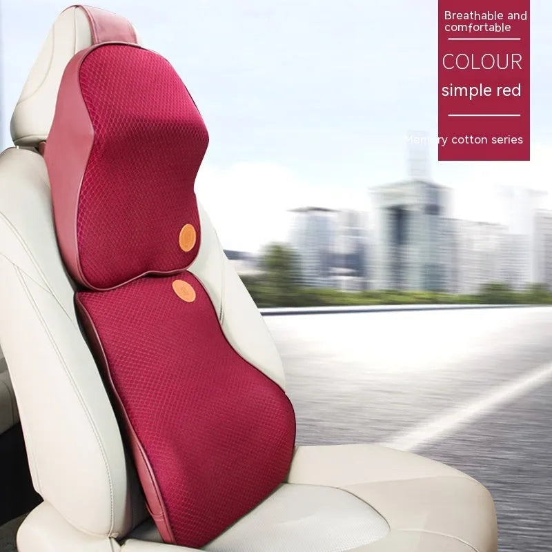 Black and brown memory foam car headrest pillow and lumbar support cushion set on a car seat.