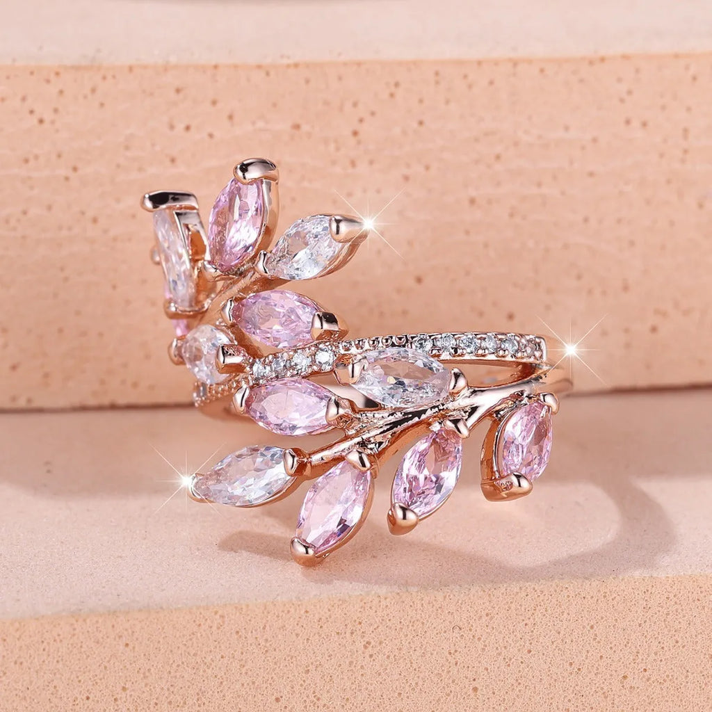 Adjustable copper leaf ring with zircon finishes in multiple colour options