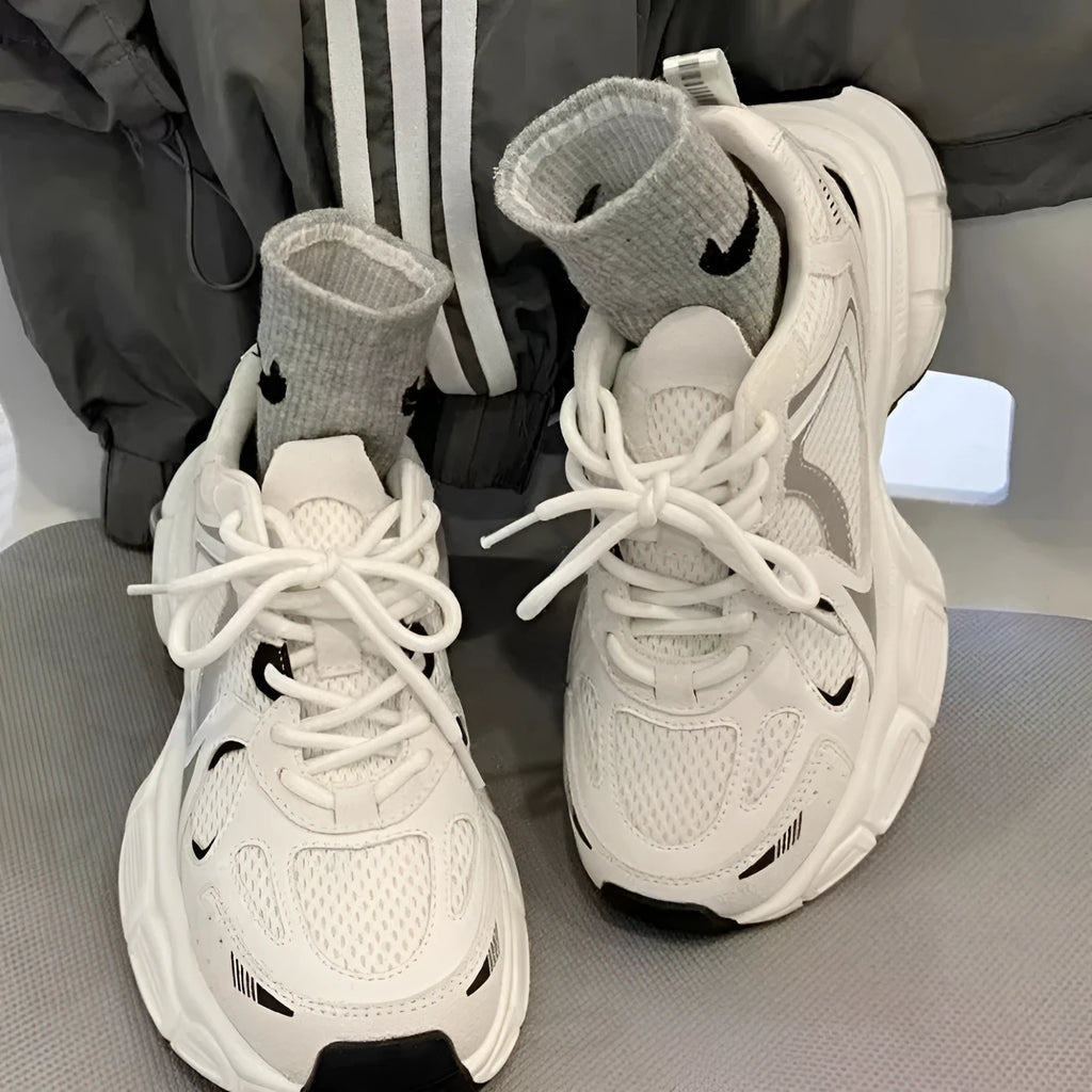 Beige mesh platform sports shoes with wedge heel and lace-up front closure
