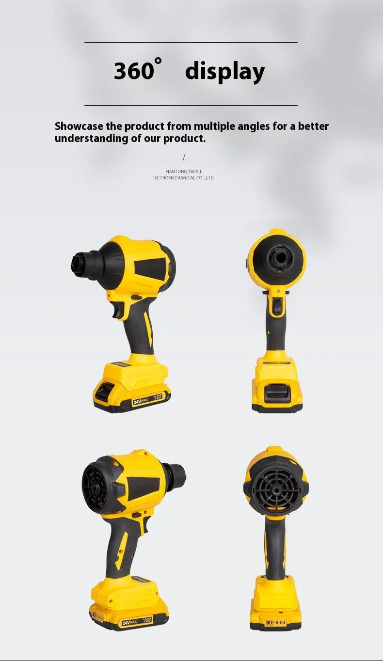 Yellow cordless handheld dust blower gun with adjustable air volume dial for office and home cleaning