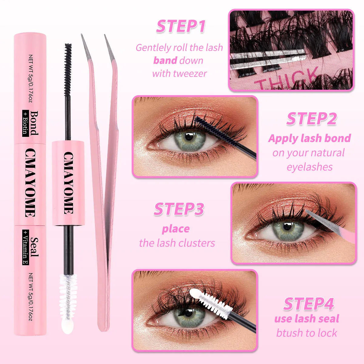 DIY false eyelashes extension suit showing single cluster lashes and eyelash tweezers