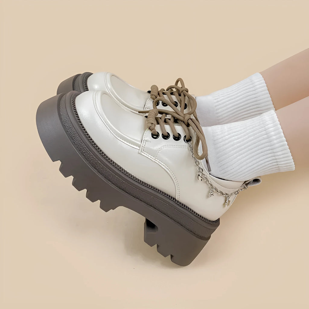 White PU platform Mary Jane shoes with thick chunky heel and front lace-up in XINGX Bear colour