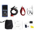 Owon HDS272 handheld digital oscilloscope with probes on automotive engine diagnostic testing