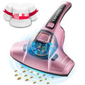 Pink handheld vacuum cleaner with UV-C light for mite removal on a sofa.