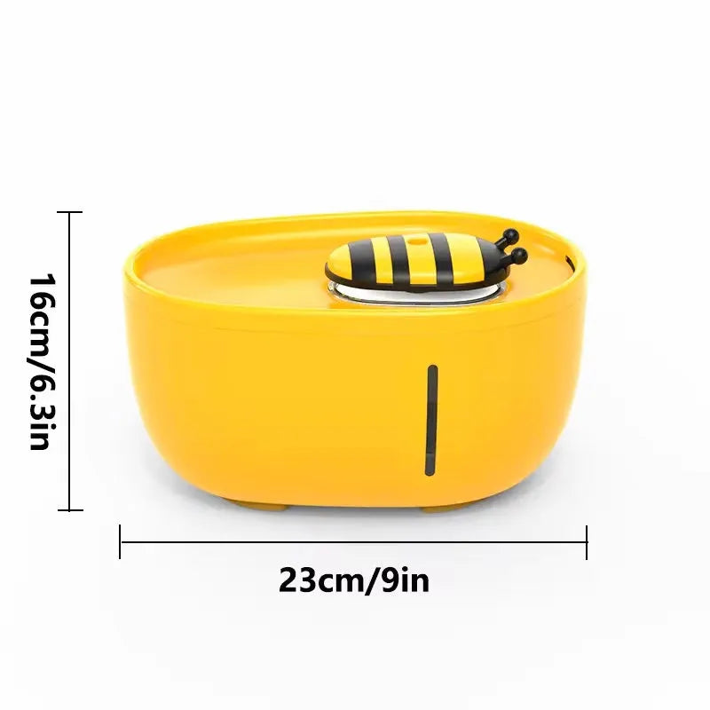 Yellow cat water fountain with filtration system, water level window, and USB pump