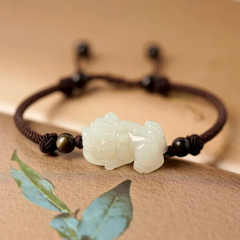 Hetian jade bead bracelet with black and red adjustable braided cord, Chinese style jewellery.