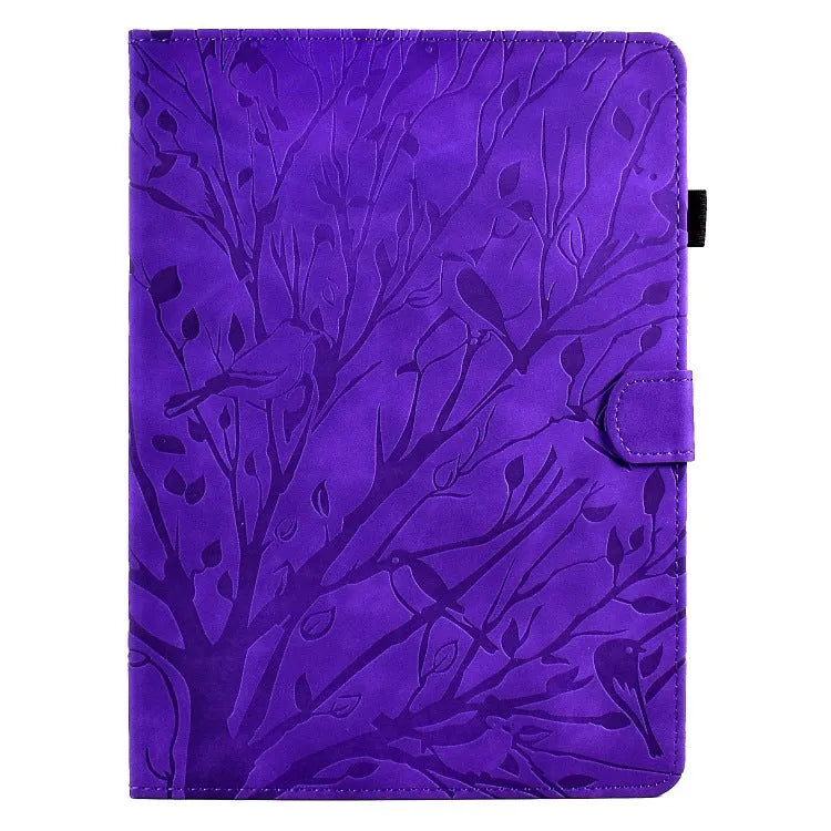 Imitation leather tablet protective case with integrated stand in black colour, shown next to a tablet.