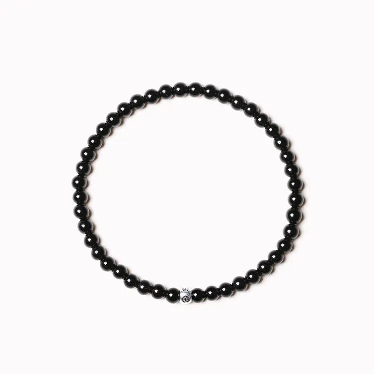 Unisex geometric agate bracelet with 4mm electroplated beads in obsidian black and blue san colours
