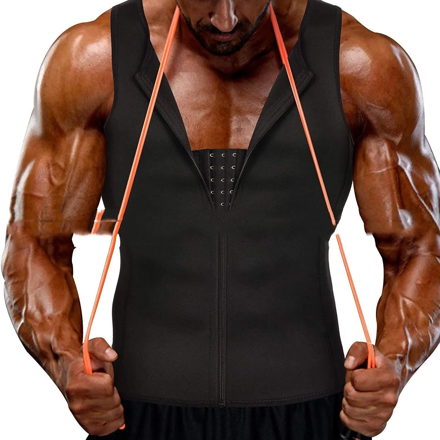 Men's black body shaper zipper vest with lumbar support and belly contraction seamless design