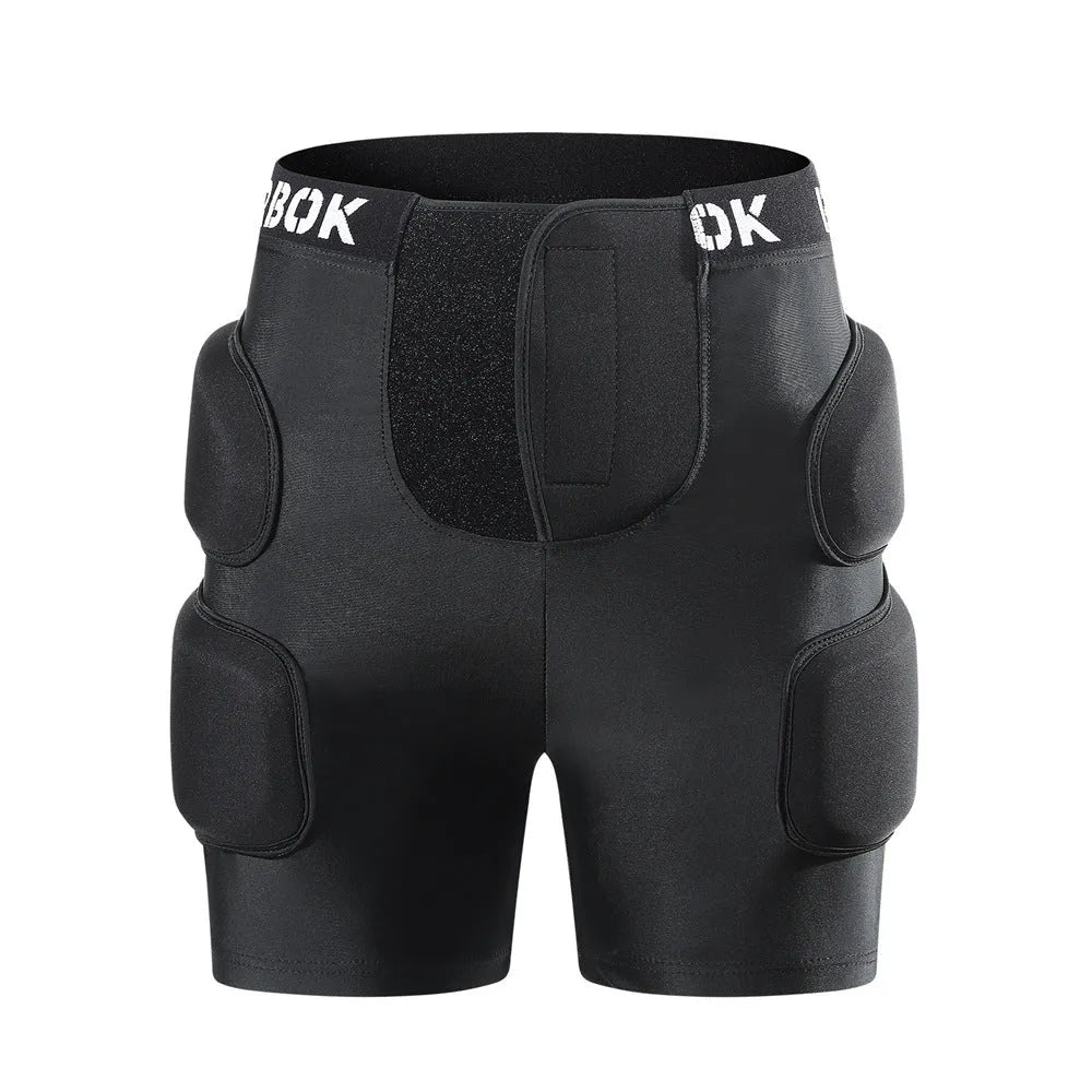 Black spandex hip protection pad with removable NBR foam inserts for skating and skiing safety.