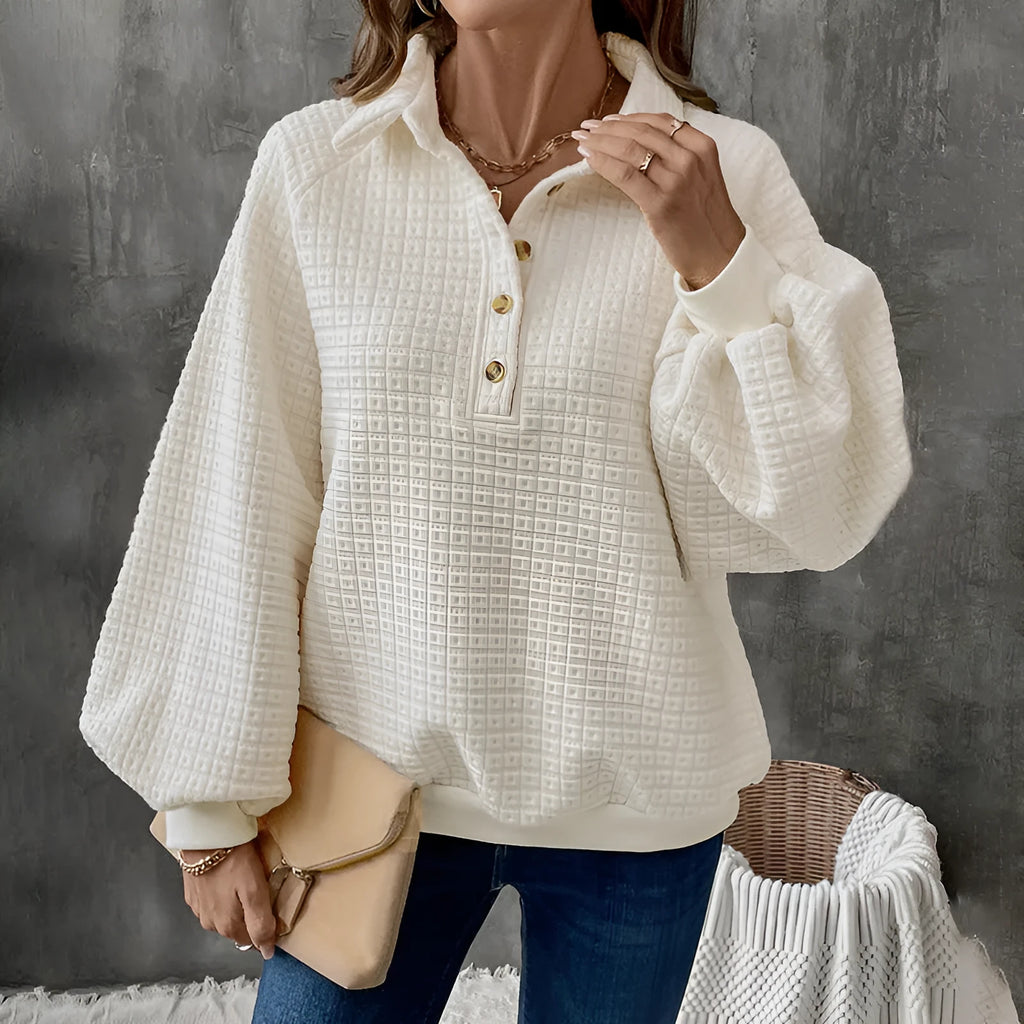 Women's thick polo collar sweater in milky white beige colour with long sleeves