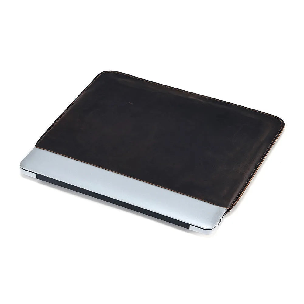 Genuine crazy horse leather computer liner bag in brown colour showing organisational compartments