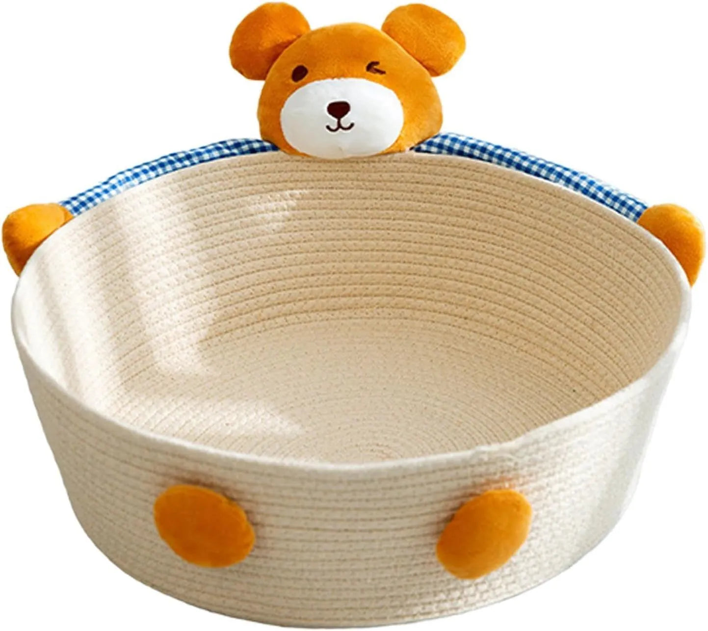 Woven cotton rope cat bed basket with scratching pad in bear design, shown next to a cat.