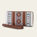 Bohemian stripe pattern canvas RFID wallet in beige, showing anti-theft function and card slots